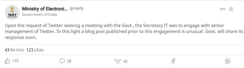 The ministry chose Koo to post the update.