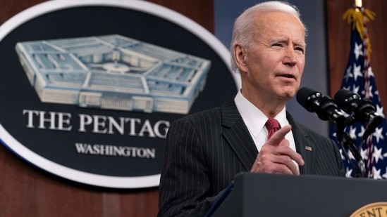 US President Joe Biden speaks at the Pentagon in Arlington, Virginia, US. (Reuters)