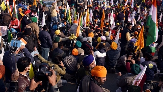 Farmers protest against farm laws during tractor rally on 72nd Republic Day at Singhu Border in New Delhi on Tuesday. (ANI Photo) Farmers protest against farm laws during tractor rally on 72nd Republic Day at Singhu Border in New Delhi on Tuesday. (ANI Photo)
