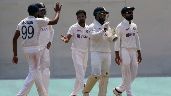 India's Shahbaz Nadeem celebrates the dismissal of England's Joe Root during Day 2 of the First test match between India and England at MA Chidambaram Stadium in Chennai.(BCCI/ANI Photo)