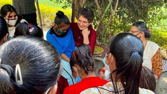 Congress General Secretary Priyanka Gandhi Vadra meets people during her visit at Anand Bhawan, in Prayagraj on Thursday. (ANI Photo) Congress General Secretary Priyanka Gandhi Vadra meets people during her visit at Anand Bhawan, in Prayagraj on Thursday. (ANI Photo)