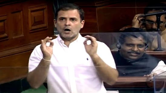 Congress Lok Sabha MP from Wayanad Rahul Gandhi speaks during the Budget Session of Parliament, in New Delhi on Thursday. (ANI Photo/ LSTV Grab)