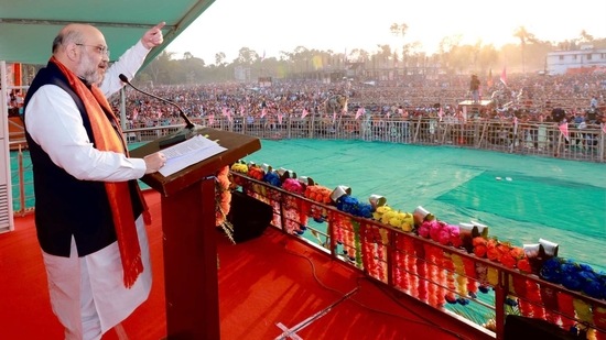 Union Home Minister Amit Shah during a public meeting at Thakurbari ground in Thakurnagar on Thursday. (ANI Photo)