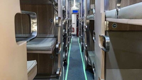 A view of the AC three tier economy class coach rolled out by railways.