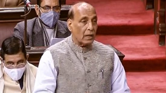 Union Defence Minister Rajnath Singh gives his statement at Rajya Sabha on the prolonged India-China stand off in eastern Ladakh.(PTI)