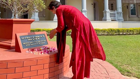 AICC General Secretary Priyanka Gandhi Vadra pays tribute to the first Prime Minister of India Jawaharlal Nehru at Anand Bhawan, in Prayagraj, Thursday, Feb. 11, 2021. (PTI) AICC General Secretary Priyanka Gandhi Vadra pays tribute to the first Prime Minister of India Jawaharlal Nehru at Anand Bhawan, in Prayagraj, Thursday, Feb. 11, 2021. (PTI)