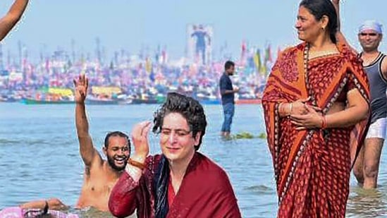 Prayagraj: Congress leader Priyanka Gandhi Vadra takes a holy dip in Sangam on the occasion of 'Mauni Amavasya' during the ongoing 'Magh Mela' in Prayagraj, Thursday, Feb. 11, 2021. (PTI Photo)(PTI02_11_2021_000176A)(PTI) Prayagraj: Congress leader Priyanka Gandhi Vadra takes a holy dip in Sangam on the occasion of 'Mauni Amavasya' during the ongoing 'Magh Mela' in Prayagraj, Thursday, Feb. 11, 2021. (PTI Photo)(PTI02_11_2021_000176A)(PTI)