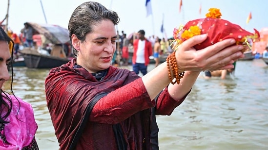 Congress leader Priyanka Gandhi Vadra takes a holy dip in Sangam on the occasion of 'Mauni Amavasya' during the ongoing 'Magh Mela' in Prayagraj, Thursday, Feb. 11, 2021. (PTI)