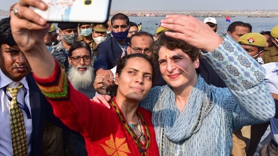 Congress General Secretary Priyanka Gandhi gets a selfie clicked after taking a holy dip at Sangam, confluence of River Ganga, Yamuna and Saraswati, on 'Mauni Amavasya' during the ongoing annual 'Magh Mela' festival in Prayagraj, Thursday, Feb. 11, 2021. (PTI) Congress General Secretary Priyanka Gandhi gets a selfie clicked after taking a holy dip at Sangam, confluence of River Ganga, Yamuna and Saraswati, on 'Mauni Amavasya' during the ongoing annual 'Magh Mela' festival in Prayagraj, Thursday, Feb. 11, 2021. (PTI)