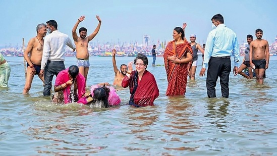 Congress leader Priyanka Gandhi Vadra takes a holy dip in Sangam on the occasion of 'Mauni Amavasya' during the ongoing 'Magh Mela' in Prayagraj, Thursday, Feb. 11, 2021. (PTI) Congress leader Priyanka Gandhi Vadra takes a holy dip in Sangam on the occasion of 'Mauni Amavasya' during the ongoing 'Magh Mela' in Prayagraj, Thursday, Feb. 11, 2021. (PTI)