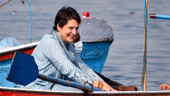 Congress leader Priyanka Gandhi Vadra rides on a boat after taking a holy dip in River Ganga on the occasion of 'Mauni Amavasya' during the ongoing 'Magh Mela', at Sangam in Prayagraj, Thursday, Feb. 11, 2021. (PTI) Congress leader Priyanka Gandhi Vadra rides on a boat after taking a holy dip in River Ganga on the occasion of 'Mauni Amavasya' during the ongoing 'Magh Mela', at Sangam in Prayagraj, Thursday, Feb. 11, 2021. (PTI)