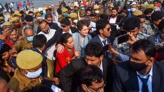 Congress leader Priyanka Gandhi Vadra returns after taking a holy dip on the occasion of 'Mauni Amavasya' during the ongoing 'Magh Mela', at Sangam in Prayagraj, Thursday, Feb. 11, 2021. (PTI) Congress leader Priyanka Gandhi Vadra returns after taking a holy dip on the occasion of 'Mauni Amavasya' during the ongoing 'Magh Mela', at Sangam in Prayagraj, Thursday, Feb. 11, 2021. (PTI)