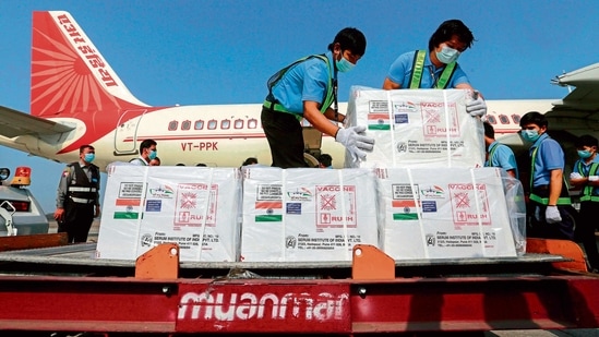 A file photo of workers unloading cartons of Made in India covid vaccine at the Yangon airport in Myanmar. (MINT_PRINT)