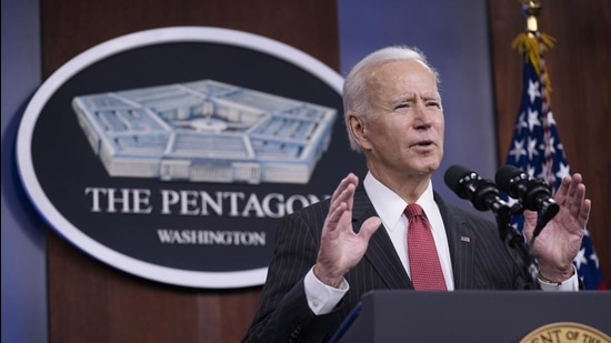 US President Joe Biden speaks to department of defence officials at the Pentagon on February 10, 2021. (AP)