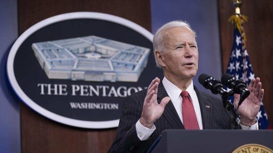 US President Joe Biden speaks to department of defence officials at the Pentagon on February 10, 2021. (AP) (HT_PRINT) US President Joe Biden speaks to department of defence officials at the Pentagon on February 10, 2021. (AP) (HT_PRINT)