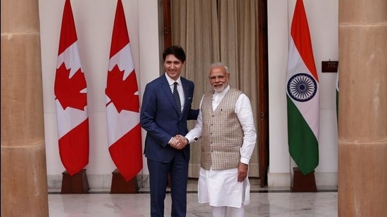 Canadian Prime Minister Justin Trudeau (left) shakes hands with his Indian counterpart Narendra Modi ahead of their meeting at Hyderabad House in New Delhi, India in February 2018. (REUTERS)