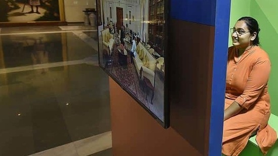 Replica of the President’s study is projected on a television at the Rashtrapati Bhavan Museum, which gives the visitors a chance to digitally feature with the head of state. (Raj K Raj/HT Photo) 