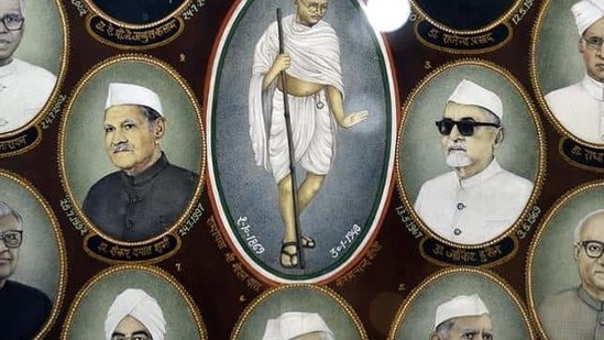 Portraits of Mahatma Gandhi and former presidents of India at Phase-II of the Rashtrapati Bhavan Museum. The country’s only underground museum will be inaugurated by Prime Minister Narendra Modi on Monday to mark the completion of four years of President Pranab Mukherjee as the head of state. It will open to the public on October 2. (Raj K Raj/HT Photo) 