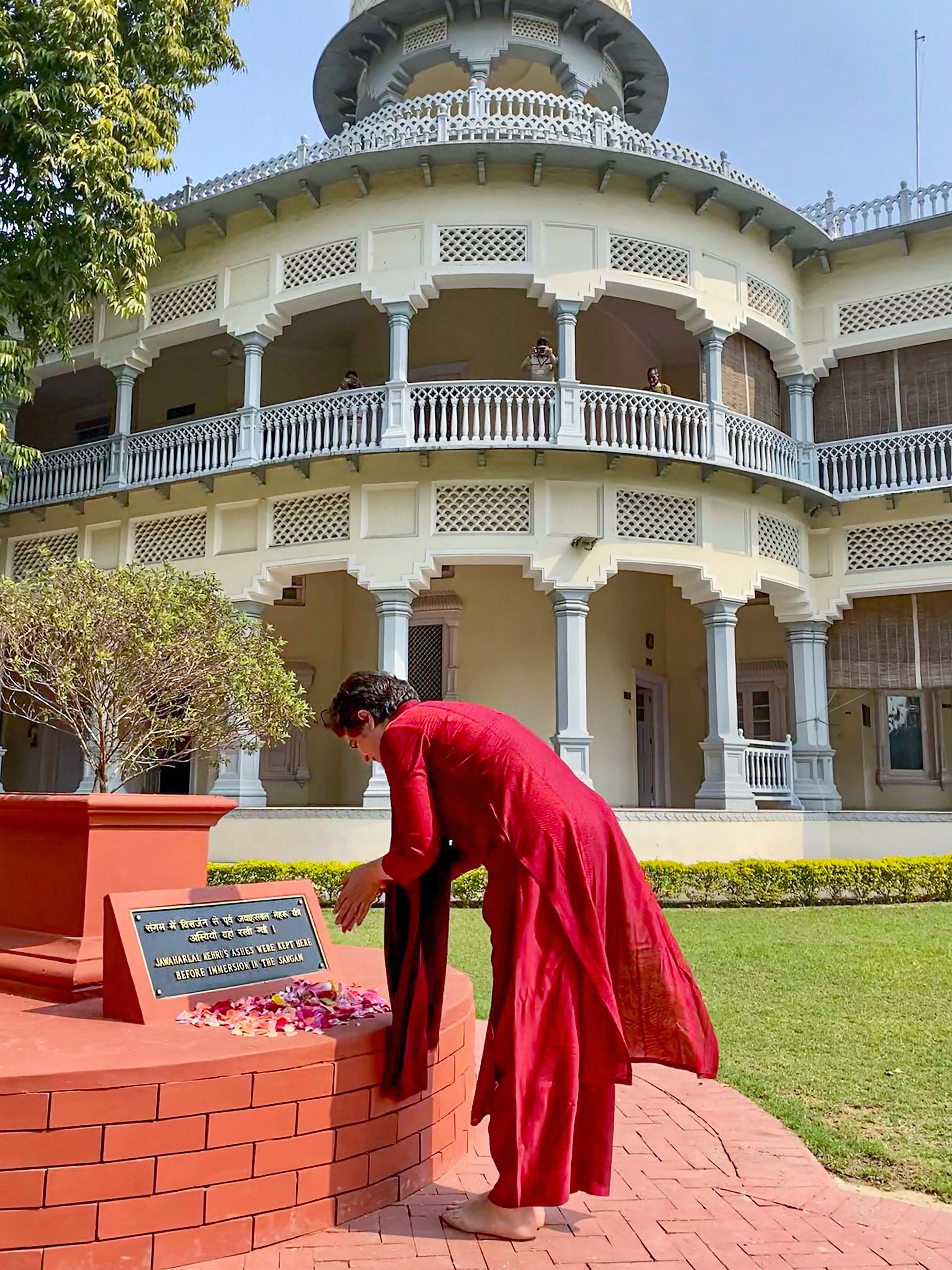 AICC General Secretary Priyanka Gandhi Vadra pays tribute to the first Prime Minister of India Jawaharlal Nehru at Anand Bhawan, in Prayagraj, Thursday, Feb. 11, 2021. (PTI)