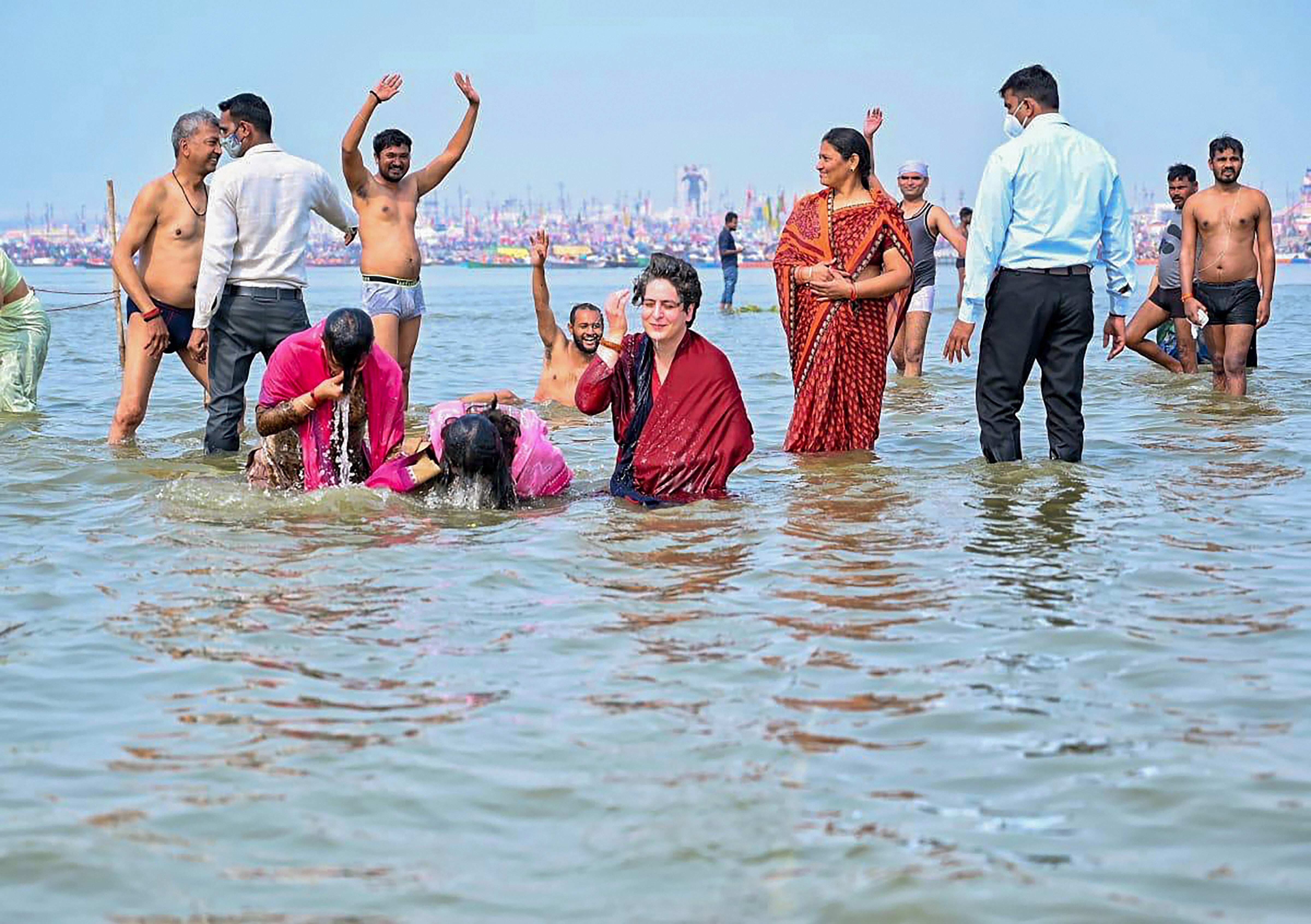 Congress leader Priyanka Gandhi Vadra takes a holy dip in Sangam on the occasion of 'Mauni Amavasya' during the ongoing 'Magh Mela' in Prayagraj, Thursday, Feb. 11, 2021. (PTI)