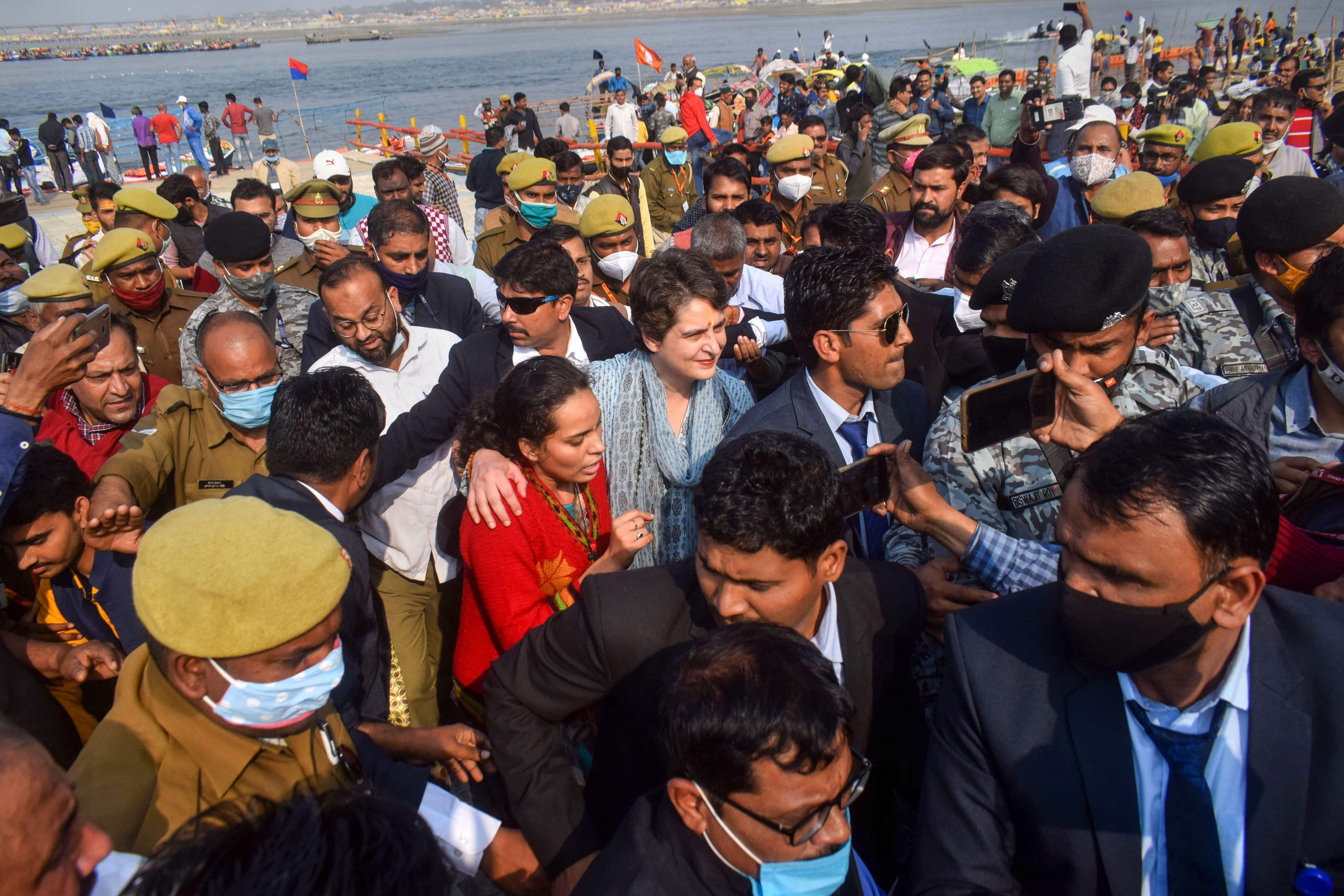 Congress leader Priyanka Gandhi Vadra returns after taking a holy dip on the occasion of 'Mauni Amavasya' during the ongoing 'Magh Mela', at Sangam in Prayagraj, Thursday, Feb. 11, 2021. (PTI)