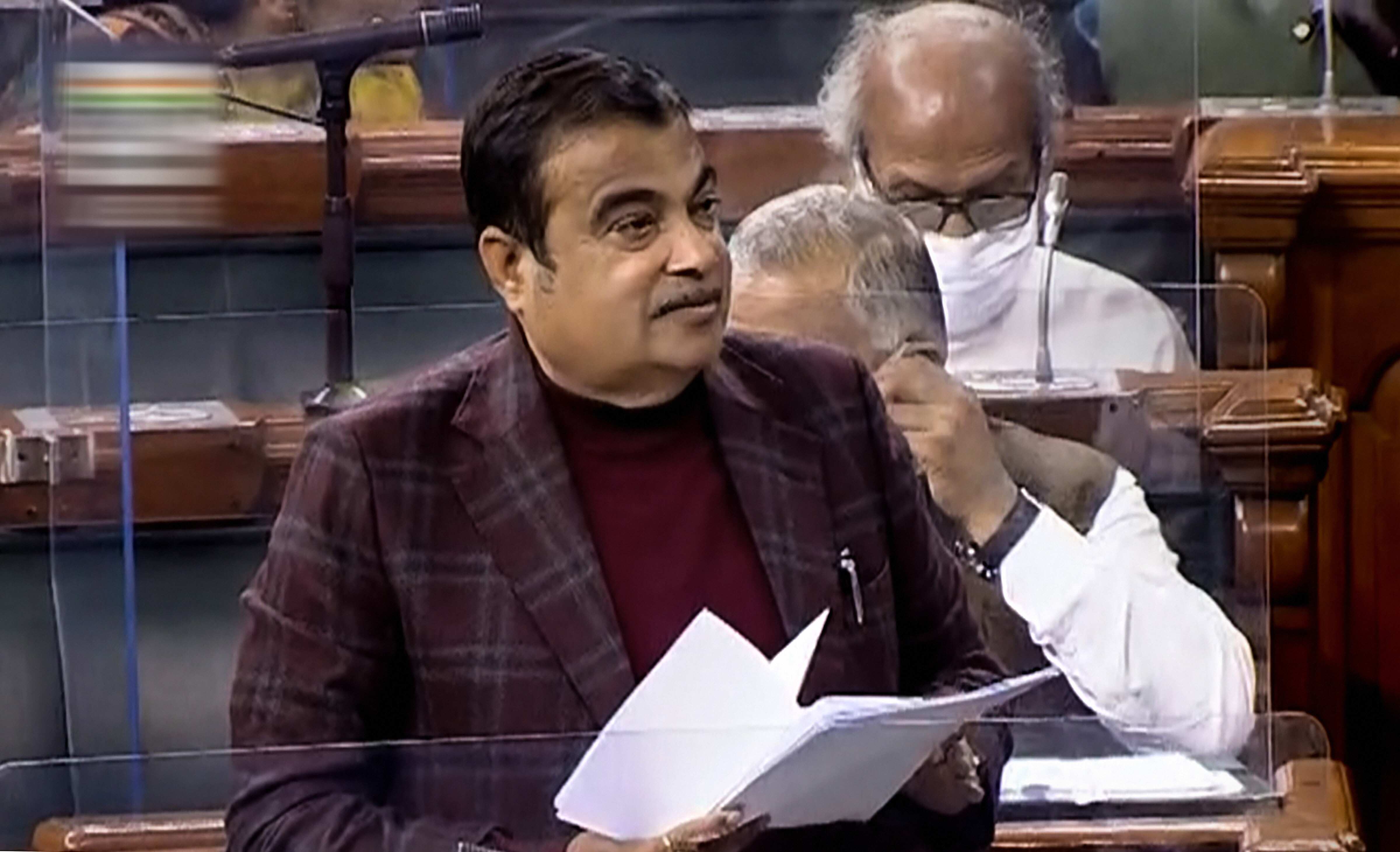 Union transport minister Nitin Gadkari speaks in the Lok Sabha during ongoing Budget Session of Parliament. (PTI Photo)