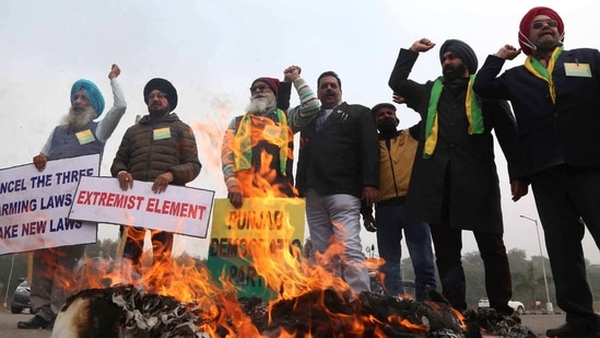 Members of Punjab Democratic Party burn effigies of Deep Sidhu and Lakhan Sidhana after violence during the farmers' tractor rally on Republic Day. (Keshav Singh/Hindustan Times)