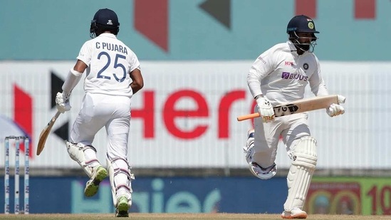 India's Cheteshwar Pujara and Rishabh Pant running between the wicket during the day 3 of the First test match between India and England at MA Chidambaram Stadium in Chennai on Sunday. (BCCI/ANI Photo) India's Cheteshwar Pujara and Rishabh Pant running between the wicket during the day 3 of the First test match between India and England at MA Chidambaram Stadium in Chennai on Sunday. (BCCI/ANI Photo)