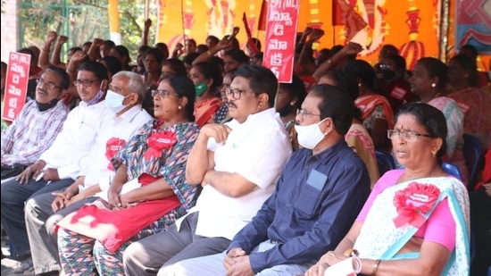 Vizag Steel Plant employees on dharna near the plant on Friday. (Sourced)