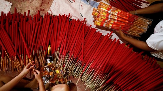 Incense sticks are prepared at a home-industry factory, ahead of the Lunar New Year, in Tangerang, Indonesia on February 10.(Willy Kurniawan / REUTERS)