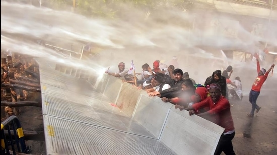 Kolkata Police use water cannons against the SFI and DYFI supporters during a protest rally against the state government, in Kolkata on Thursday. (ANI)