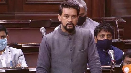 Union minister Anurag Thakur speaking in the Rajya Sabha on Friday.(ANI Photo/RSTV Screengrab) Union minister Anurag Thakur speaking in the Rajya Sabha on Friday.(ANI Photo/RSTV Screengrab)