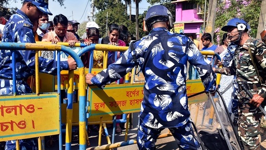 File photo: Police stop BJP activists during a rally in Murshidabad district on February 8.(PTI)