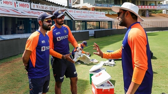 Chennai: Indian cricketers Rohit Sharma and Jasprit Bumrah during a practice session at the Chidambaram Stadium in Chennai.(PTI)