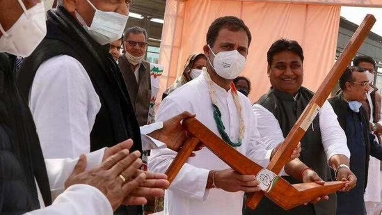 Rahul Gandhi at kisan mahapanchayat in Rajasthan. (HT Photo)