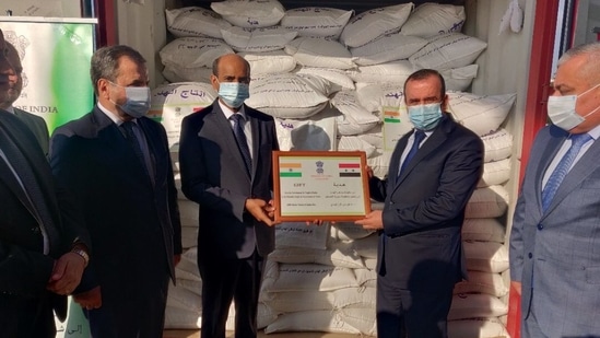 The first consignment of 1,000 tonnes of rice was handed over by Indian ambassador Hifzur Rahman to Hussain Makhlouf, Syria’s minister of local administration and head of the Supreme Relief Committee, at Latakia port on Thursday. (TWITTER/@MEAIndia)