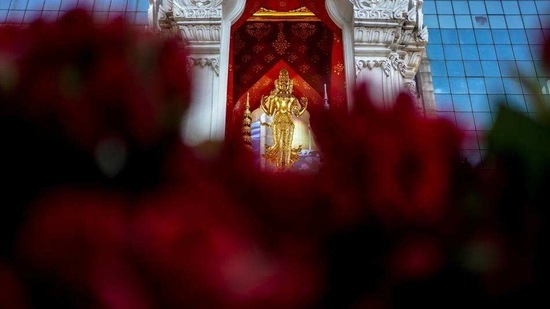 Phra Trimurti shrine, the God of Love, is pictured ahead of Valentine's Day at Bangkok's shopping district, Thailand, February 11, 2021.(REUTERS)
