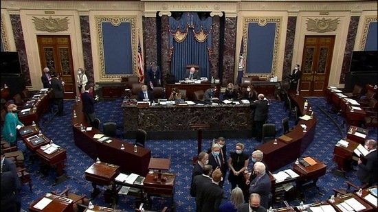 A view of the US Senate during the fifth day of the impeachment trial of former president Donald Trump in Washington, DC on February 13. (Reuters) A view of the US Senate during the fifth day of the impeachment trial of former president Donald Trump in Washington, DC on February 13. (Reuters)