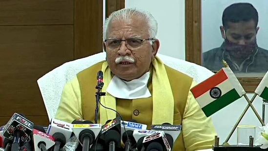 Haryana CM Manohar Lal Khattar addresses media during a press conference, in Chandigarh on Sunday. (ANI Photo)