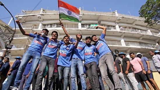 Indian cricket team fans at the M.A. Chidambaram Cricket Stadium, before the start of the second test match between India and England in Chennai on Saturday. (ANI Photo)