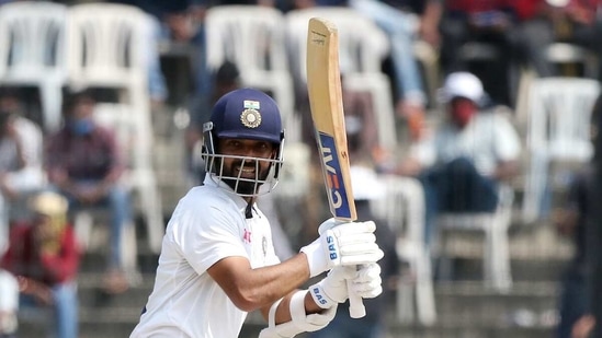 India's Ajinkya Rahane plays a shot during the 2nd test match against England at MA Chidambaram Stadium, in Chennai on Saturday(BCCI Twitter/ ANI Photo)