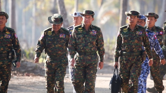 Myanmar military commander-in-chief General Min Aung Hlaing and senior military commanders.(File Photo / AFP)