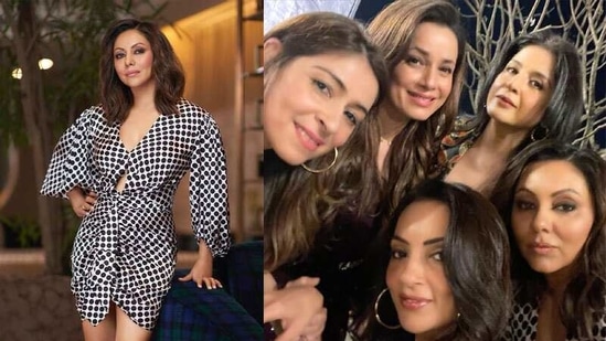 Gauri Khan with Bhavana Pandey, Neelam Kothari, Seema Khan and Maheep Kapoor at an event.