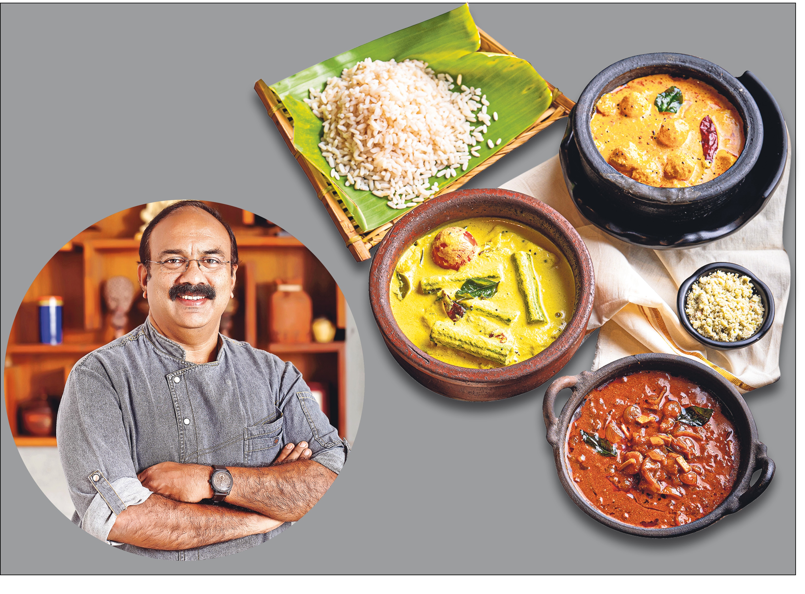 Chef Regi Mathew (inset) is best known for Kappa Chakka Kandhari, one of the best restaurants in Chennai; An assortment of vegetarian food at the restaurant Chef Regi Mathew (inset) is best known for Kappa Chakka Kandhari, one of the best restaurants in Chennai; An assortment of vegetarian food at the restaurant