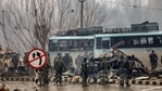 In this file picture from February 14, 2019, security personnel are seen carrying out the rescue and relief works at the site of suicide bomb attack at Lathepora, Awantipora in Pulwama district of south Kashmir.(PTI Photo/File) In this file picture from February 14, 2019, security personnel are seen carrying out the rescue and relief works at the site of suicide bomb attack at Lathepora, Awantipora in Pulwama district of south Kashmir.(PTI Photo/File)