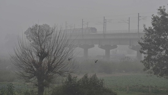A Delhi metro runs during a foggy morning, in New Delhi. ANI photo A Delhi metro runs during a foggy morning, in New Delhi. ANI photo