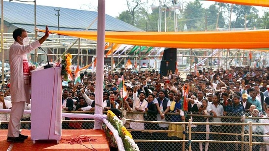 Congress leader Rahul Gandhi addresses during a public rally, in Shivshagar on Sunday. (ANI Photo) Congress leader Rahul Gandhi addresses during a public rally, in Shivshagar on Sunday. (ANI Photo)