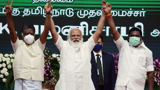 Prime Minister Narendra Modi with Tamil Nadu Chief Minister Edappadi K Palaniswami and Deputy Chief Minister O Panneerselvam during the inauguration and laying the foundation of various projects, in Chennai on Sunday. (ANI PHOTO). Prime Minister Narendra Modi with Tamil Nadu Chief Minister Edappadi K Palaniswami and Deputy Chief Minister O Panneerselvam during the inauguration and laying the foundation of various projects, in Chennai on Sunday. (ANI PHOTO).
