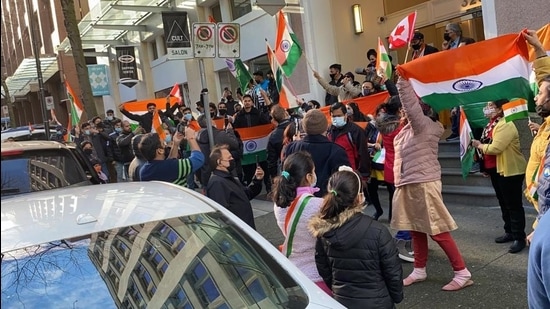 A file picture of Indian diaspora holding a 'Tiranga rally' against Republic Day violence, in Vancouver. (ANI file) A file picture of Indian diaspora holding a 'Tiranga rally' against Republic Day violence, in Vancouver. (ANI file)
