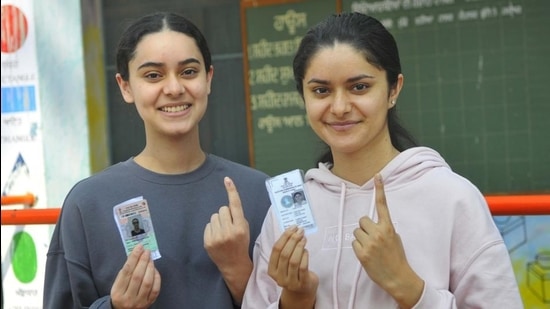 Harleen Kaur Dhillon and Harnoor Kaur Dhillon after casting their votes for the first time at Phase 6 in Mohali on Sunday. (KESHAV SINGH/HT) Harleen Kaur Dhillon and Harnoor Kaur Dhillon after casting their votes for the first time at Phase 6 in Mohali on Sunday. (KESHAV SINGH/HT)